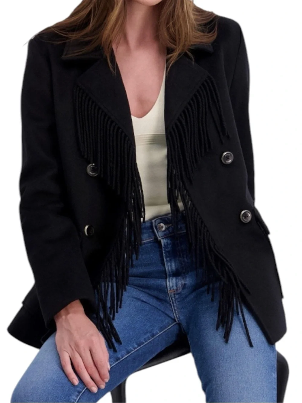 Kensie Fringe Wool Blend Peacoat Jacket Black Double Breasted Patch Pocket Small